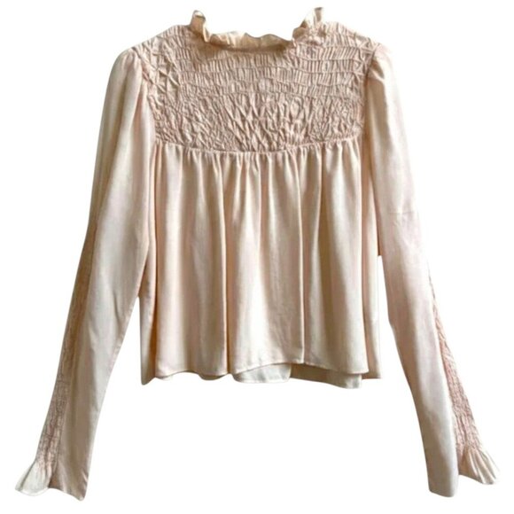 Free People Blouse Pink Coral Smocked Yoke Size XS - Picture 3 of 9